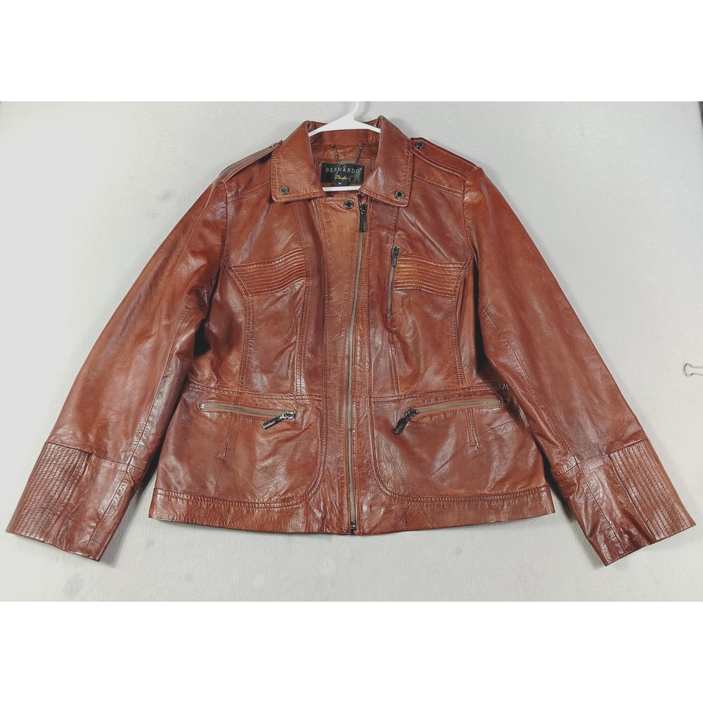 Bernardo Leather Jacket Womens 2X Brown Moto Biker Full Zip Pockets Quilted